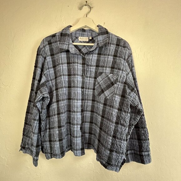 Habitat Womens Blue & Black Plaid Button-Up Crinkle Shirt Blouse XL Lightweight - Picture 1 of 8